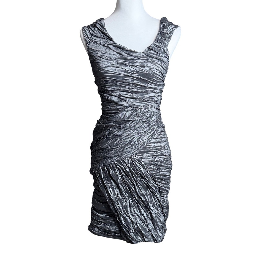 Daisy Ruched Metallic Cocktail Sheath Dress Silver Women Small